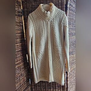 Irish Aran Mor Merino Wool Sweater Coat Tunic Org $225